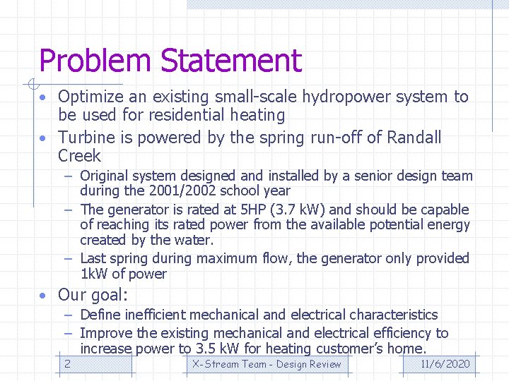 Problem Statement • Optimize an existing small-scale hydropower system to be used for residential