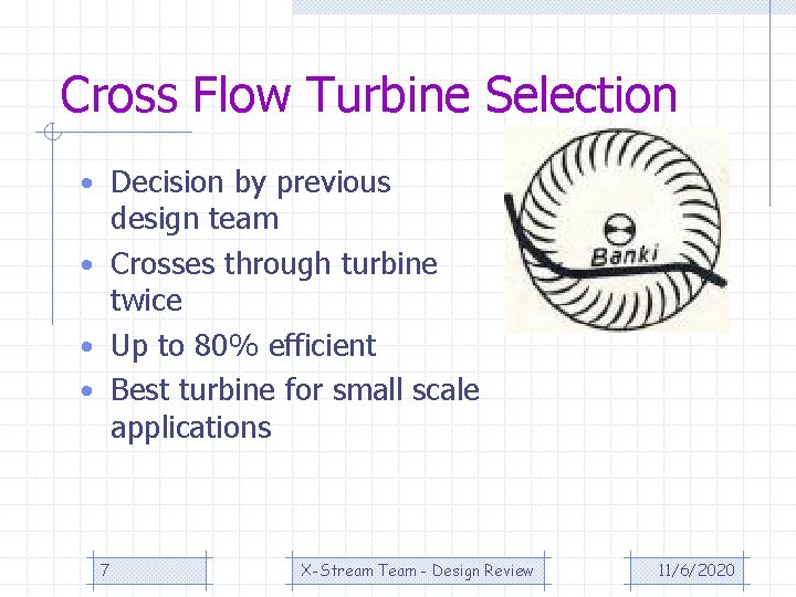 Cross Flow Turbine Selection • Decision by previous design team • Crosses through turbine