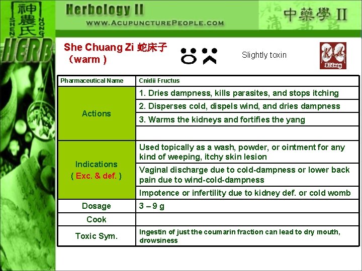 She Chuang Zi 蛇床子 （warm ) Pharmaceutical Name Slightly toxin Cnidii Fructus 1. Dries