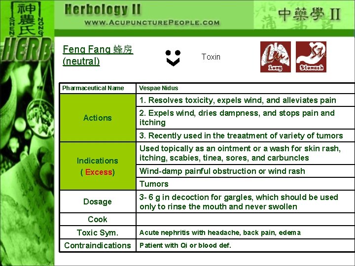 Feng Fang 蜂房 (neutral) Pharmaceutical Name Toxin Vespae Nidus 1. Resolves toxicity, expels wind,