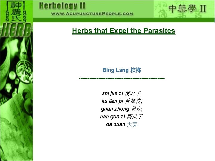 Herbs that Expel the Parasites Bing Lang 槟榔 ------------------------shi jun zi 使君子, ku lian