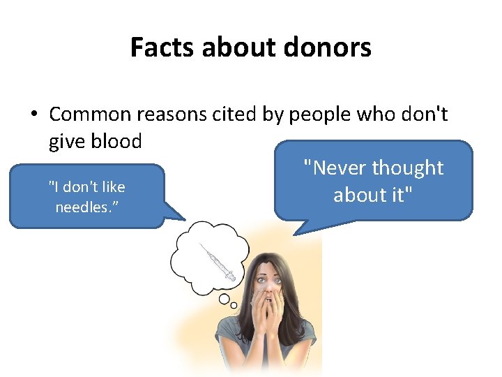 Facts about donors • Common reasons cited by people who don't give blood "Never