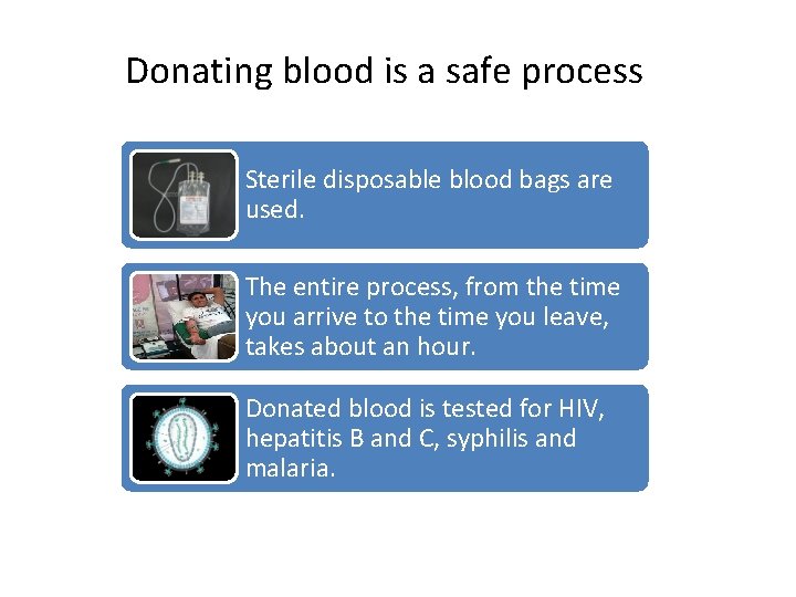 Donating blood is a safe process Sterile disposable blood bags are used. The entire