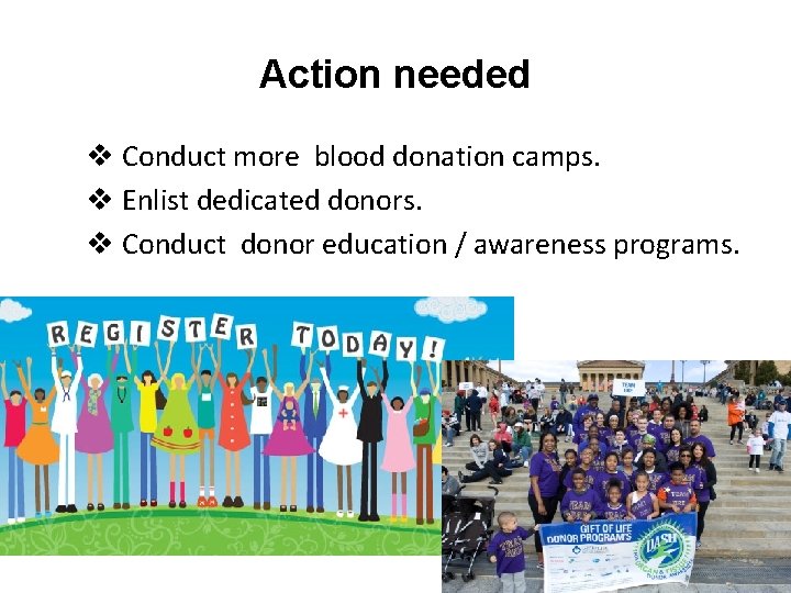 Action needed v Conduct more blood donation camps. v Enlist dedicated donors. v Conduct