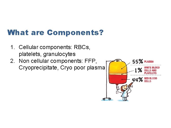 What are Components? 1. Cellular components: RBCs, platelets, granulocytes 2. Non cellular components: FFP,