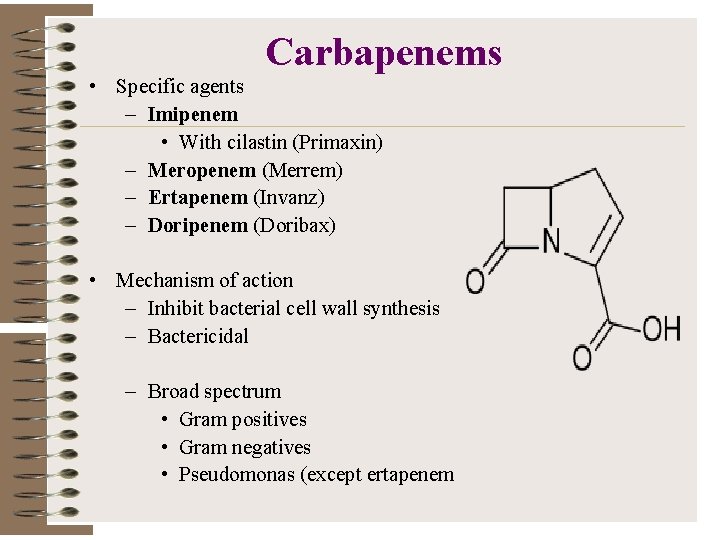 Carbapenems • Specific agents – Imipenem • With cilastin (Primaxin) – Meropenem (Merrem) –