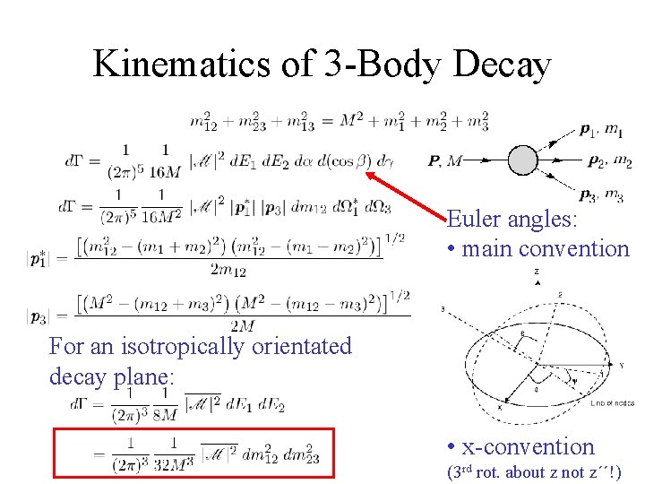 Kinematics of 3 -Body Decay Euler angles: • main convention For an isotropically orientated