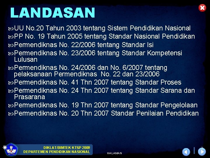 LANDASAN UU No. 20 Tahun 2003 tentang Sistem Pendidikan Nasional PP No. 19 Tahun