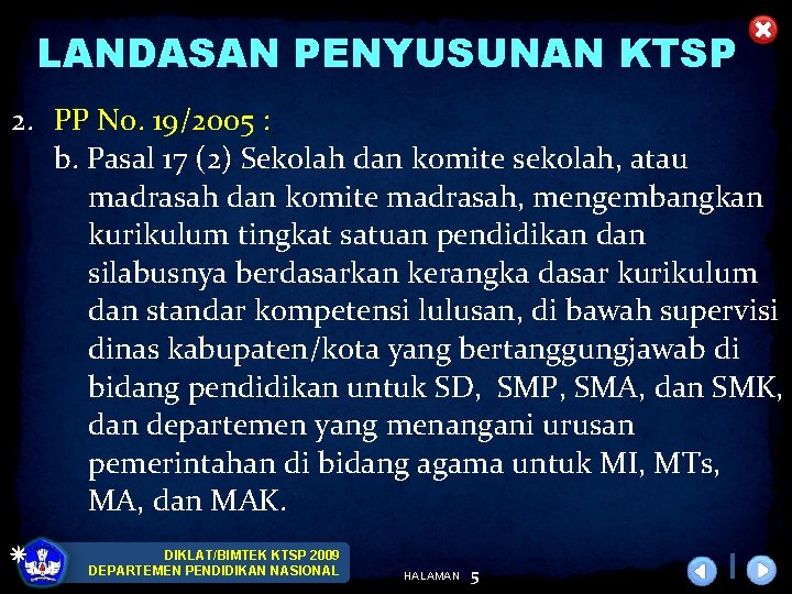 LANDASAN PENYUSUNAN KTSP 2. PP No. 19/2005 : b. Pasal 17 (2) Sekolah dan