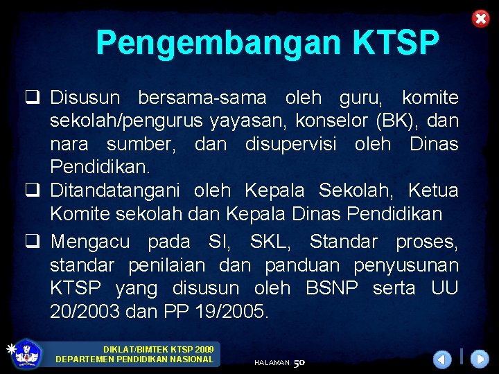 Pengembangan KTSP q Disusun bersama-sama oleh guru, komite sekolah/pengurus yayasan, konselor (BK), dan nara