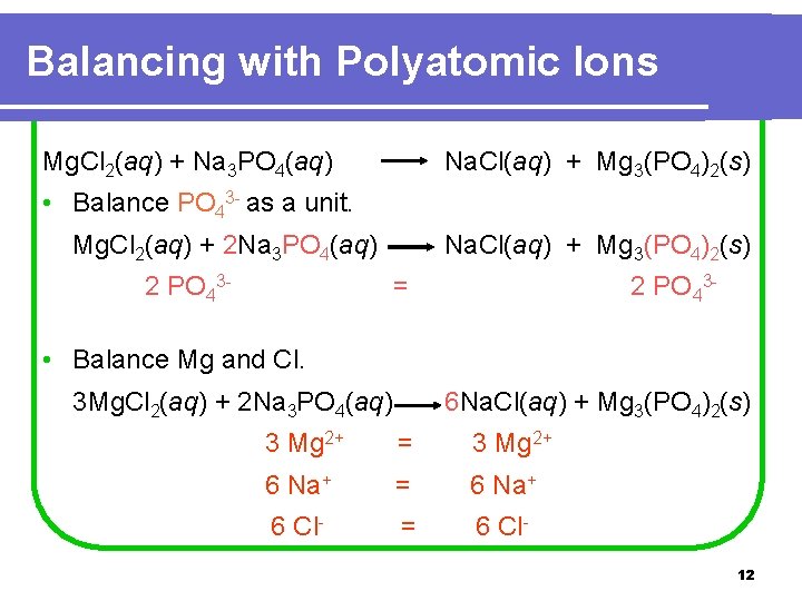 Balancing with Polyatomic Ions Mg. Cl 2(aq) + Na 3 PO 4(aq) Na. Cl(aq)