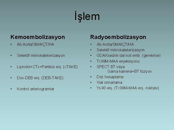 İşlem Kemoembolizasyon Radyoembolizasyon • Ab. Aorta/SMA/ÇT/HA • Selektif mikrokateterizasyon • Lipiodol+CTx+Partikül enj. (c. TAKE)