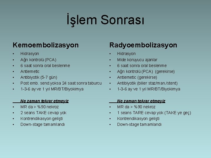 İşlem Sonrası Kemoembolizasyon Radyoembolizasyon • • Hidrasyon Ağrı kontrolü (PCA) 6 saat sonra oral