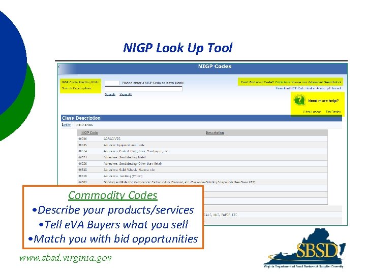NIGP Look Up Tool Commodity Codes • Describe your products/services • Tell e. VA