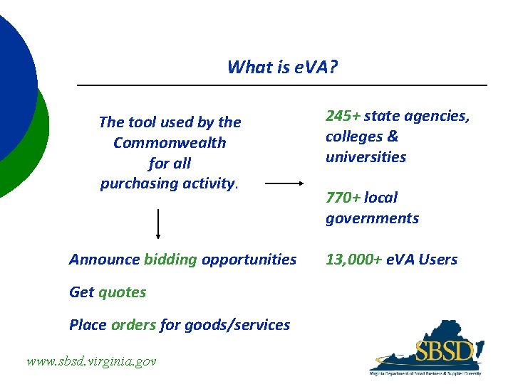 What is e. VA? The tool used by the Commonwealth for all purchasing activity.