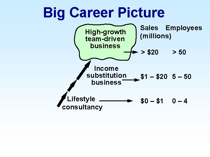 Big Career Picture High-growth team-driven business Income substitution business Lifestyle consultancy Sales Employees (millions)