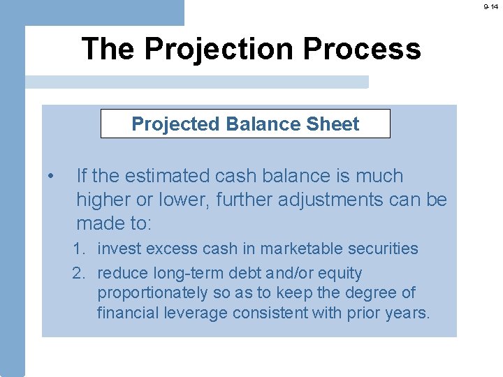 9 -14 The Projection Process Projected Balance Sheet • If the estimated cash balance