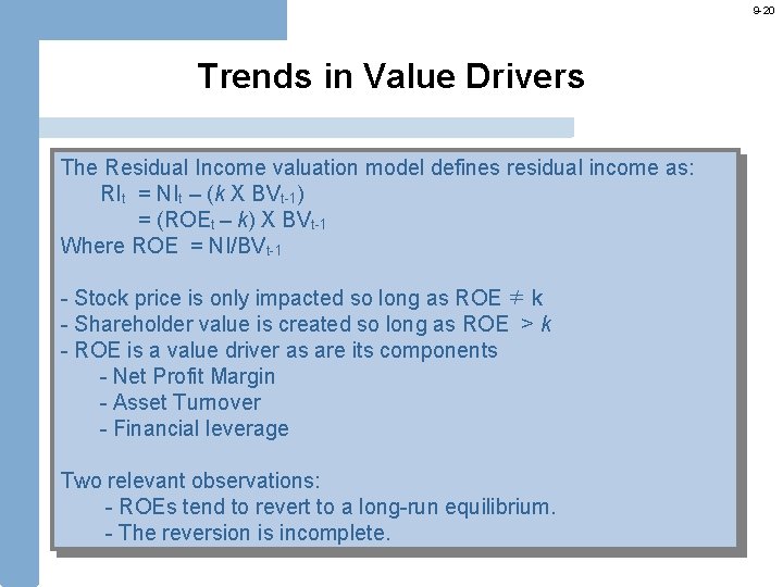 9 -20 Trends in Value Drivers The Residual Income valuation model defines residual income