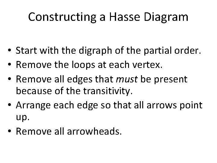 Constructing a Hasse Diagram • Start with the digraph of the partial order. •