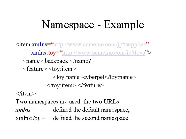 Namespace - Example <item xmlns=“http: //www. acmeinc. com/jp#supplies” xmlns: toy=“http: //www. acmeinc. com/jp#toys”> <name>