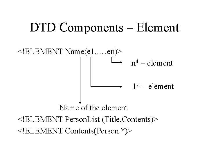 DTD Components – Element <!ELEMENT Name(e 1, …, en)> nth – element 1 st