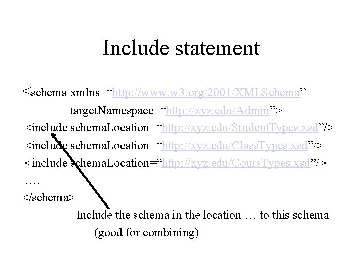 Include statement <schema xmlns=“http: //www. w 3. org/2001/XMLSchema” target. Namespace=“http: //xyz. edu/Admin”> <include schema.