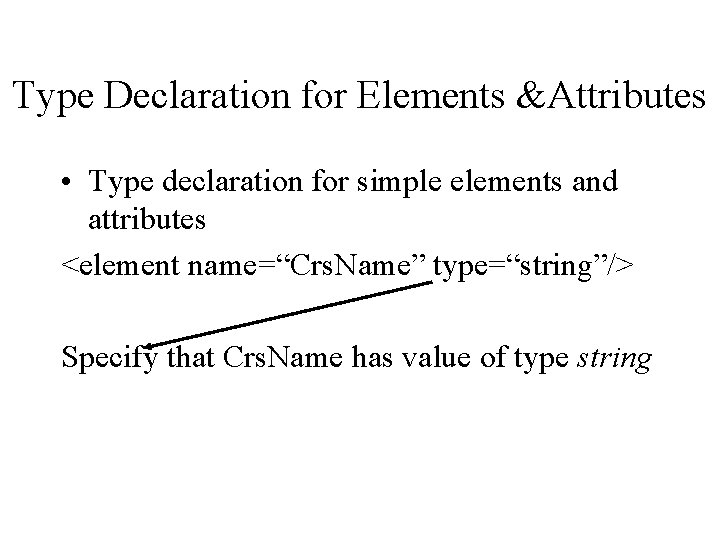 Type Declaration for Elements &Attributes • Type declaration for simple elements and attributes <element