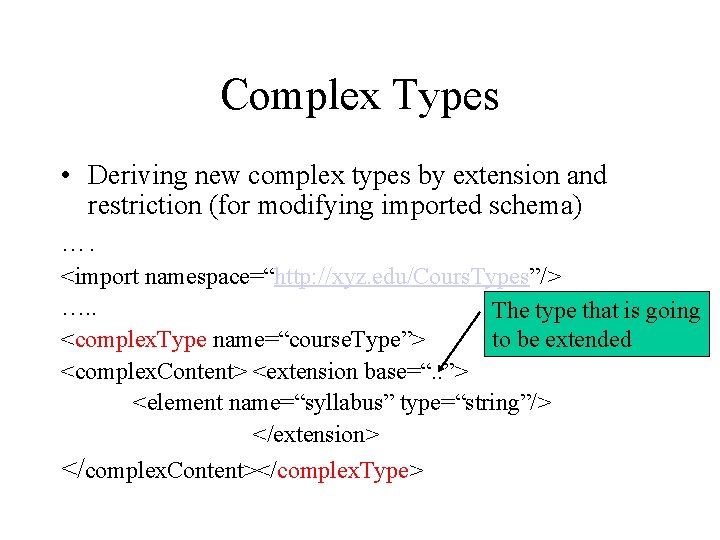 Complex Types • Deriving new complex types by extension and restriction (for modifying imported