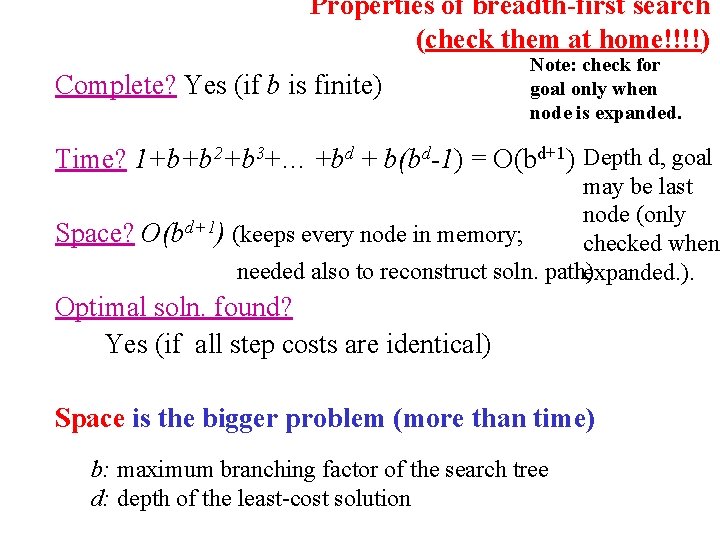 Properties of breadth-first search (check them at home!!!!) Complete? Yes (if b is finite)