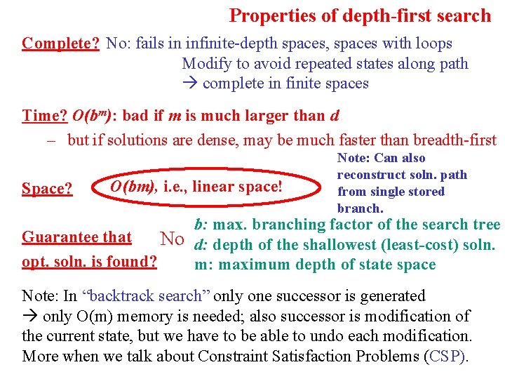 Properties of depth-first search Complete? No: fails in infinite-depth spaces, spaces with loops Modify