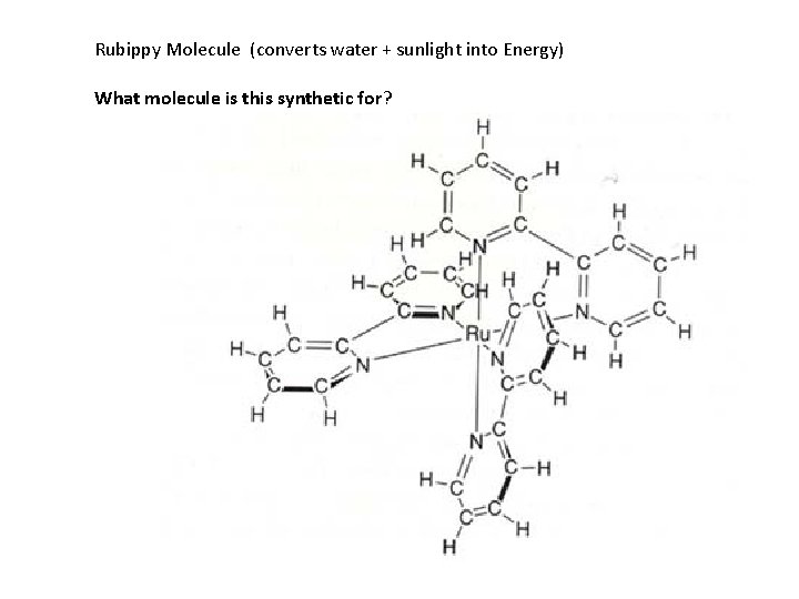 Rubippy Molecule (converts water + sunlight into Energy) What molecule is this synthetic for?