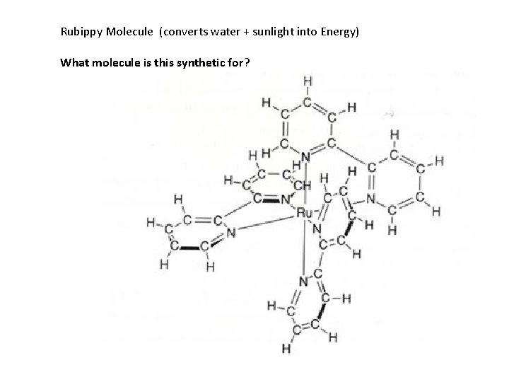 Rubippy Molecule (converts water + sunlight into Energy) What molecule is this synthetic for? Rubippy Molecule (converts water + sunlight into Energy) What molecule is this synthetic for?