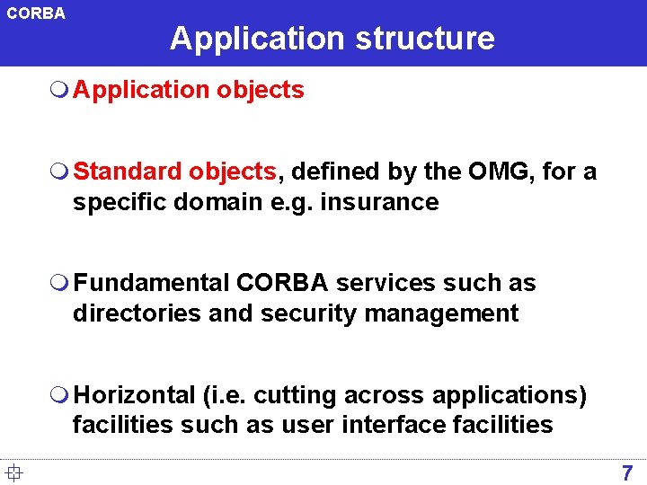 CORBA Application structure m Application objects m Standard objects, defined by the OMG, for
