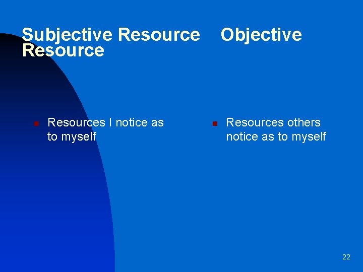 Subjective Resource n Resources I notice as to myself Objective n Resources others notice