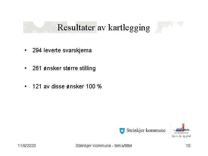 Resultater av kartlegging • 294 leverte svarskjema • 261 ønsker større stilling • 121