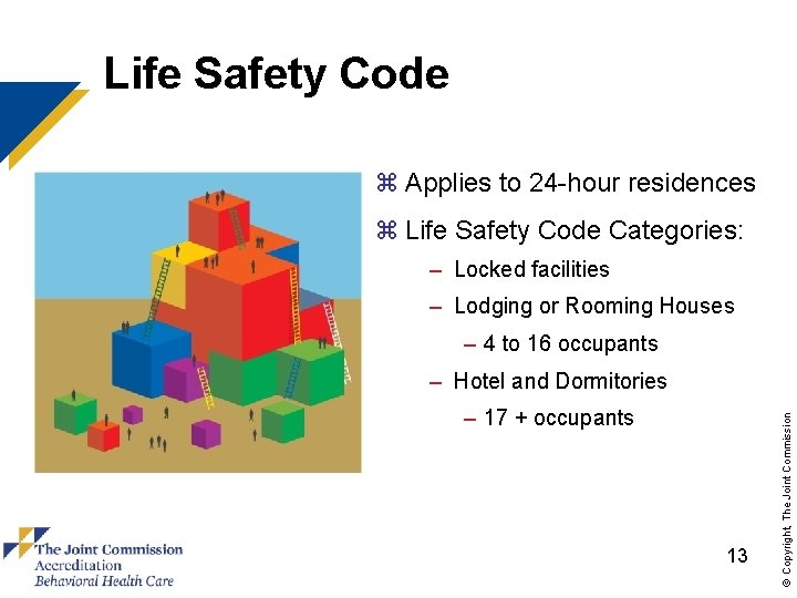 Life Safety Code z Applies to 24 -hour residences z Life Safety Code Categories: