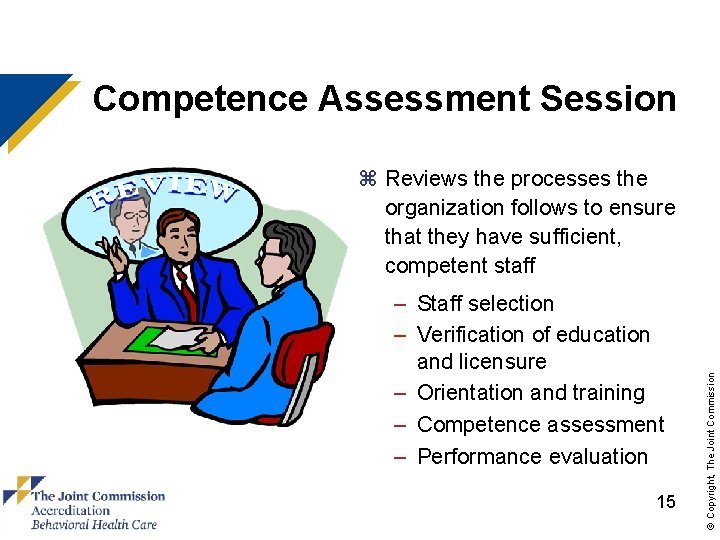 Competence Assessment Session – Staff selection – Verification of education and licensure – Orientation