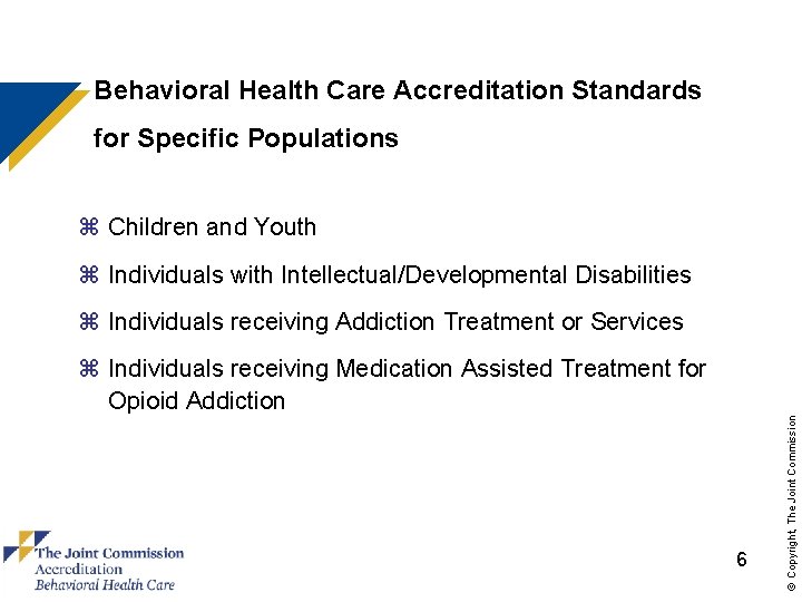 Behavioral Health Care Accreditation Standards for Specific Populations z Children and Youth z Individuals