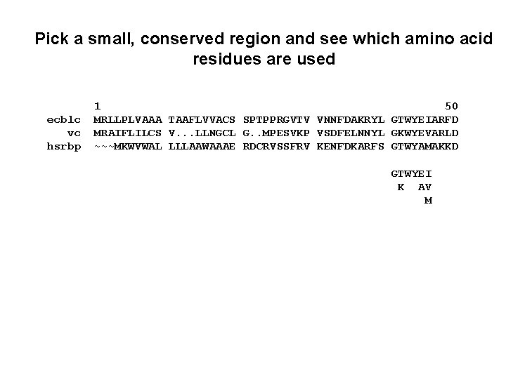 Pick a small, conserved region and see which amino acid residues are used ecblc