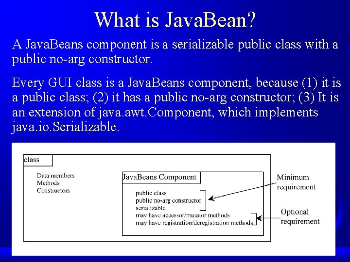 What is Java. Bean? A Java. Beans component is a serializable public class with