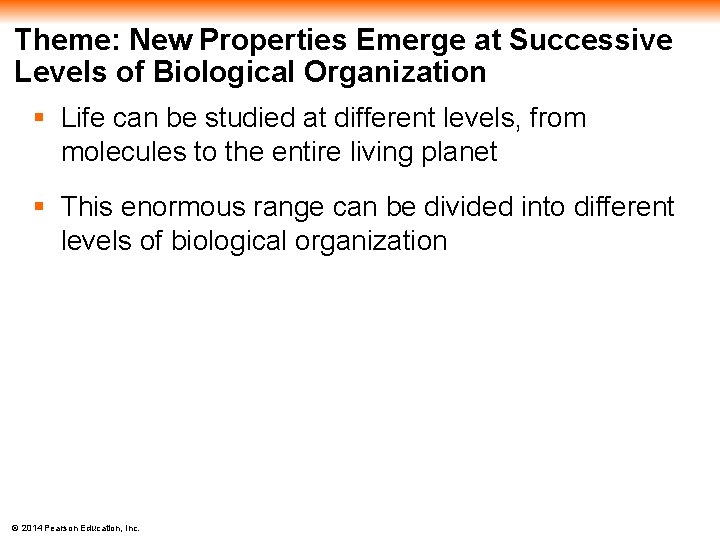 Theme: New Properties Emerge at Successive Levels of Biological Organization § Life can be