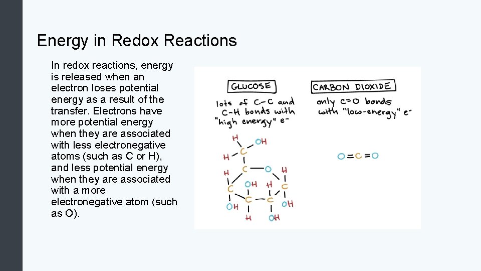 Energy in Redox Reactions In redox reactions, energy is released when an electron loses