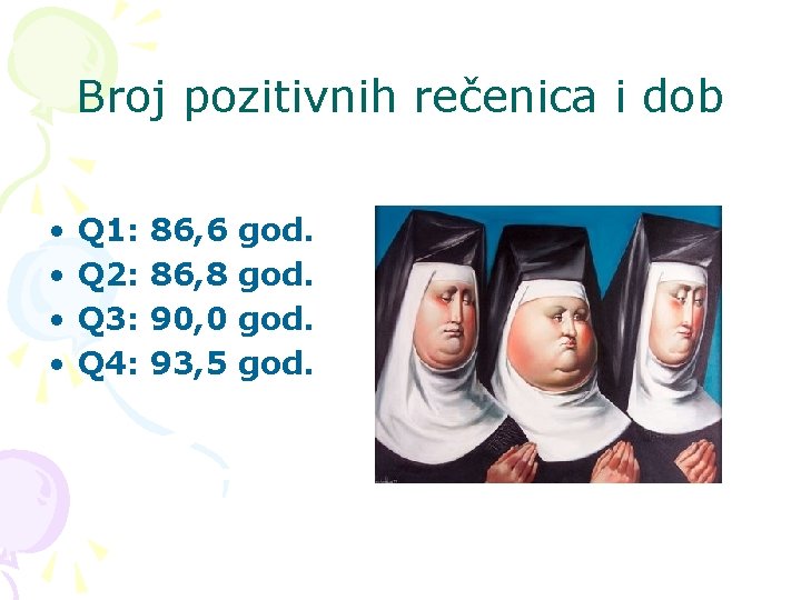 Broj pozitivnih rečenica i dob • • Q 1: Q 2: Q 3: Q