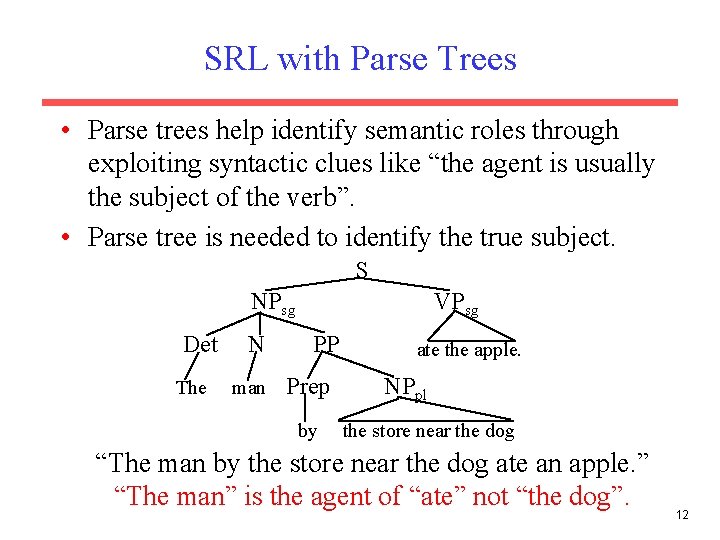 SRL with Parse Trees • Parse trees help identify semantic roles through exploiting syntactic