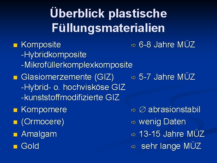 Überblick plastische Füllungsmaterialien n n n Komposite 6 -8 Jahre MÜZ -Hybridkomposite -Mikrofüllerkomplexkomposite Glasiomerzemente