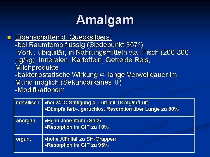 Amalgam n Eigenschaften d. Quecksilbers: -bei Raumtemp flüssig (Siedepunkt 357 ) -Vork. : ubiquitär,