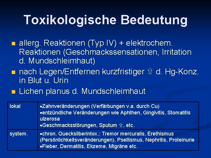 Toxikologische Bedeutung n n n allerg. Reaktionen (Typ IV) + elektrochem. Reaktionen (Geschmackssensationen, Irritation