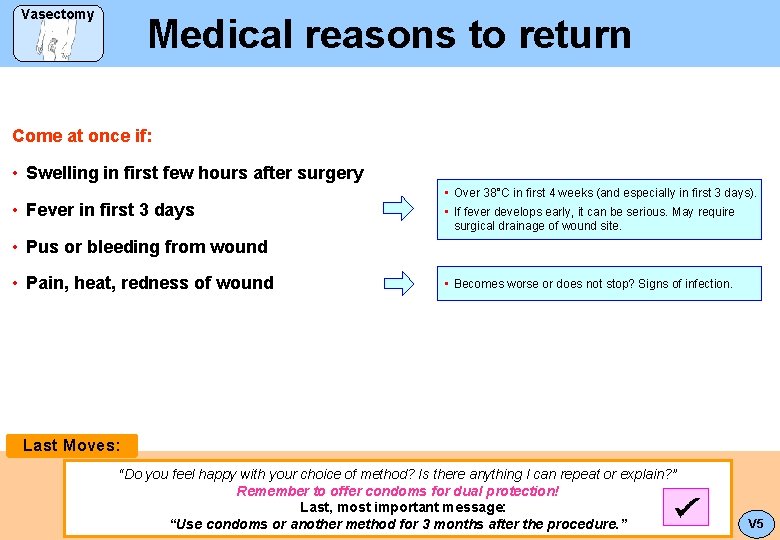Vasectomy Medical reasons to return Come at once if: • Swelling in first few