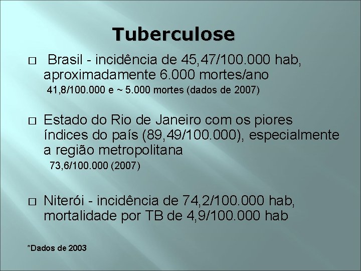 Tuberculose � Brasil - incidência de 45, 47/100. 000 hab, aproximadamente 6. 000 mortes/ano