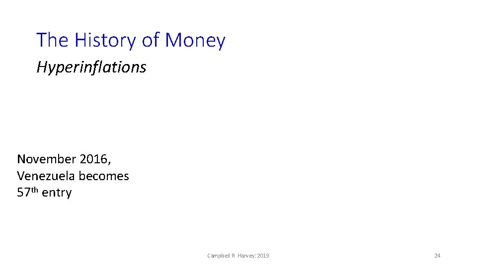 The History of Money Hyperinflations November 2016, Venezuela becomes 57 th entry Campbell R.